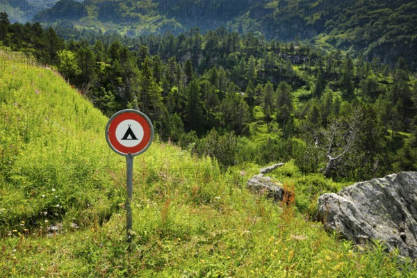 Prohibition sign Camping prohibited in the Alps on the Susten Pass, Switzerland