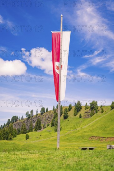 Red and white flag on a mountain meadow under a blue sky, hike to the Schlehrn, Alpe di Siusi,