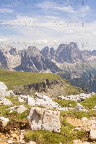 Majestic mountain landscape of the Dolomites under a blue sky, hike to the Schlehrn, Alpe di Siusi,