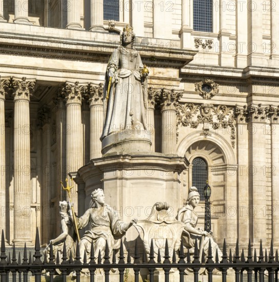 Queen Anne statue, St Paul's cathedral church, City of London, England, UK monarch in 1710 when