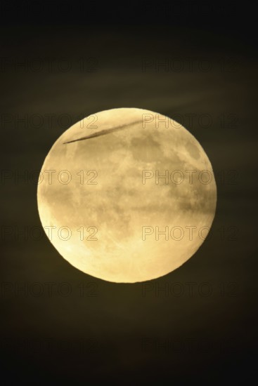 In the night sky... Full moon on an almost starry night, only a few thin clouds obscure the moon,