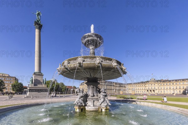 Schlossplatz Stuttgart with New Palace and fountain with fountain bowl. Place of interest in