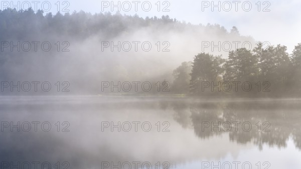 Lake Blaibach on a misty morning. Atmospheric reflection with clouds. Blaibach, district of Cham,