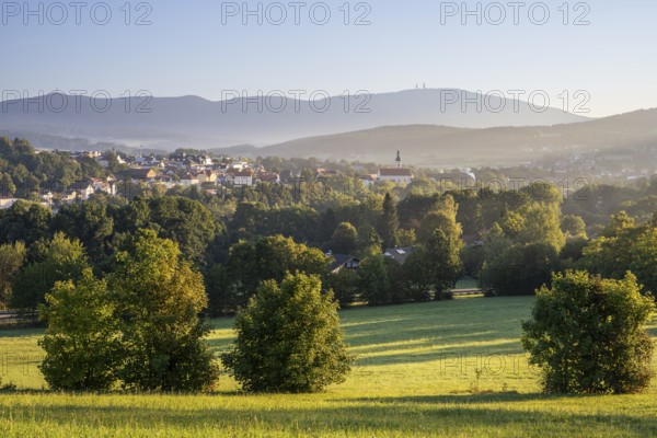 View from the pilgrimage church WeiÃŸenregen over Bad Kötzting to the Hohenbogen (Hoher Bogen) . In