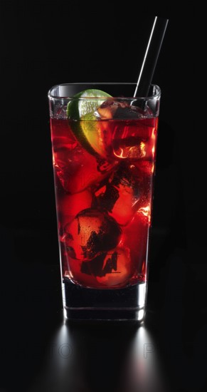 Cocktail in a long drink glass on ice with a slice of lime and as a garnish in front of a black