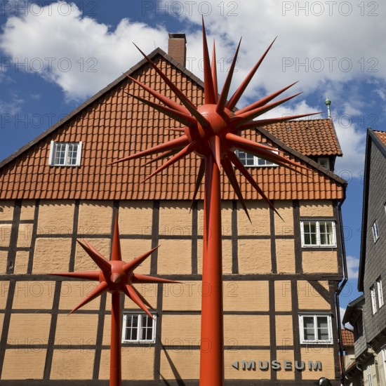 Artwork by Otto Piene entitled Fireworks for Celle in front of a half-timbered house in the