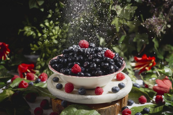 Raspberries and blueberries in a bowl are sprinkled with icing sugar, surrounded by leaves and