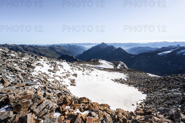 Mountain landscape with snow and mountain panorama, view towards Gschnitztal and Stubai Valley, at