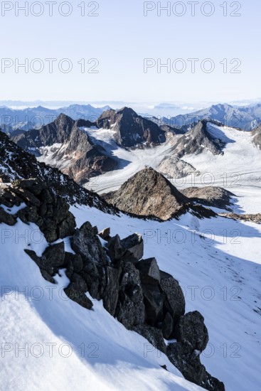 Snow on the Wilder Freiger mountain peak, picturesque high mountain landscape, view of the