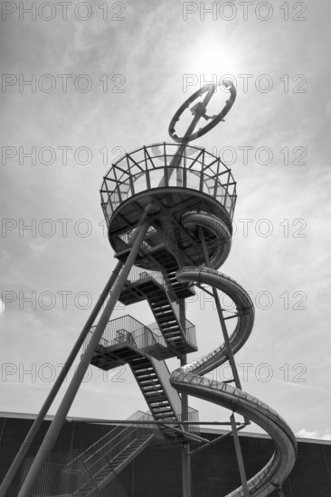 Slide, Vitra Slide Tower made of steel with viewing platform and large clock, monochrome, sunbeams,