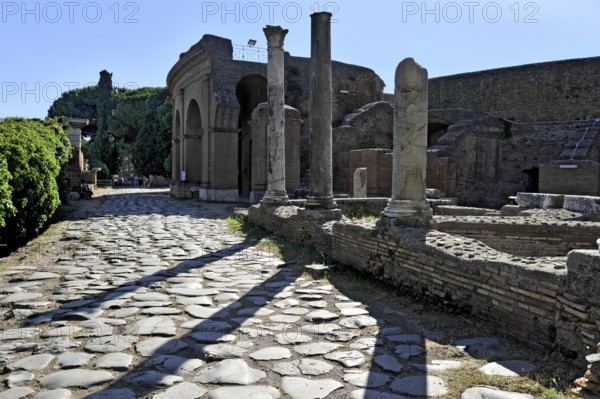 Ancient pavement of the main street Decumano Massimo, Roman theatre, columns, remains, ruins,