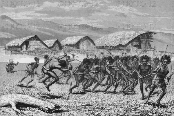 Papua village, group of natives, weapons, bow and arrow, warriors, pile dwellings, wooden houses by