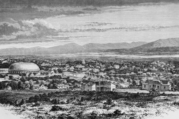 Salt Lake City, 19th century cityscape, salt lake, mountain landscape, The Tabernacle or Mormon