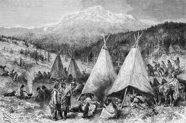 Indian camp, feather jewellery, traditional traditional costume, yurt tents, fireplace, preparing