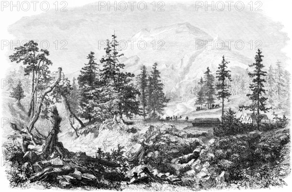 Popocatépetl volcano or Popocatepetl wild mountain landscape, conifers, houses, people, Mexico,