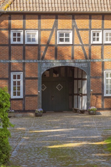 View of the entrance area of a farmhouse, Half-timbered, Historic, Frankenfeld, Heidekreis, Bad