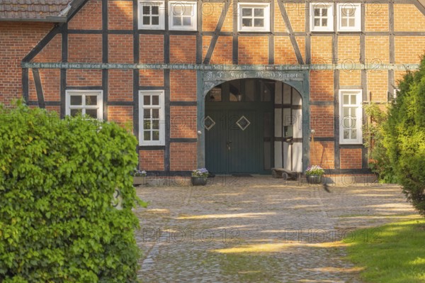 View of the entrance area of a farmhouse, Half-timbered, Historic, Frankenfeld, Heidekreis, Bad