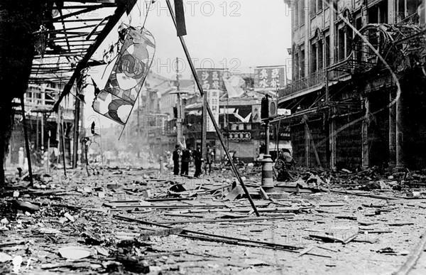 Bombed-out street in Shanghai, China, 1937 Photograph of a street in Shanghai destroyed by bombs