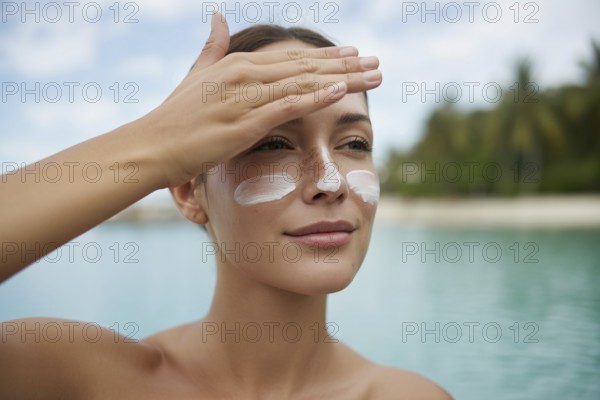 Woman applying sunscreen to her face. Soft-focus beach portrait evoking summer warmth and sun