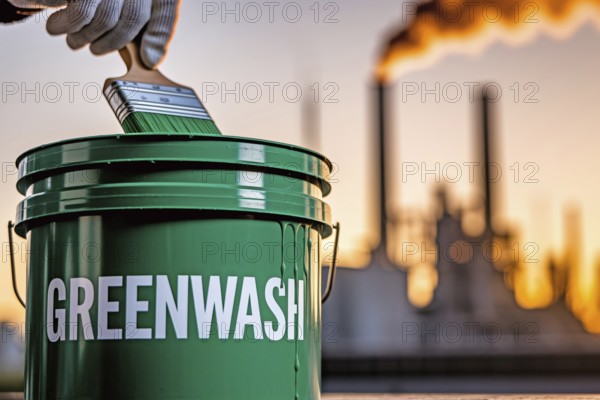 Gloved hand stirs Greenwahs paint beside a smoking factory. A stark critique of corporate pollution
