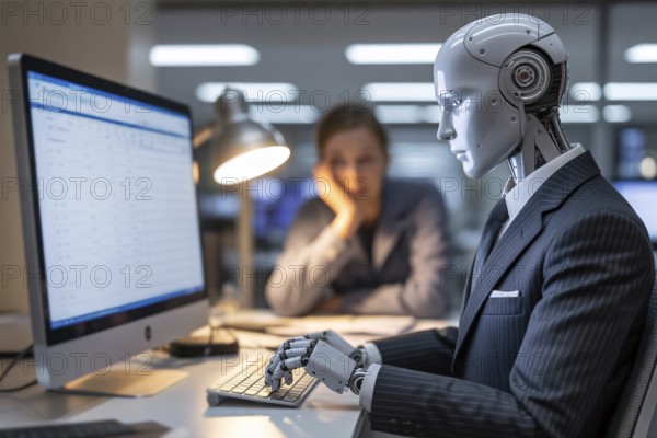 Humanoid robot in suit working on computer in office as human watches. AI replacing human labor