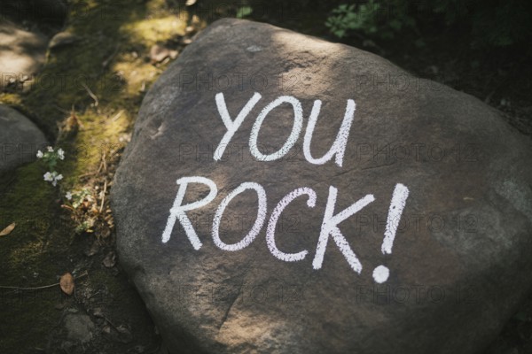 Top view close-up of a rough grey rock in a forest setting, featuring You rock! handwritten in