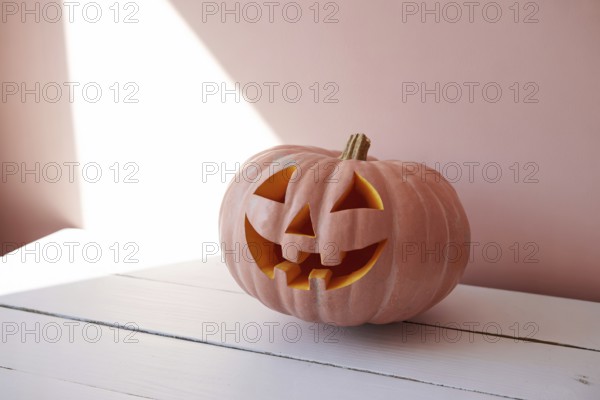 Pink pumpkin resting on wooden surface with shadow and light. Minimalist autumn composition