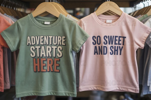 Green and pink children's shirts with stereotypical text, highlighting early gender norms and