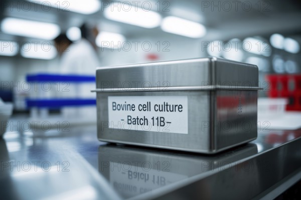Metal canister labeled Bovine cell culture Batch 11b in laboratory. Concept for lab-grown meat