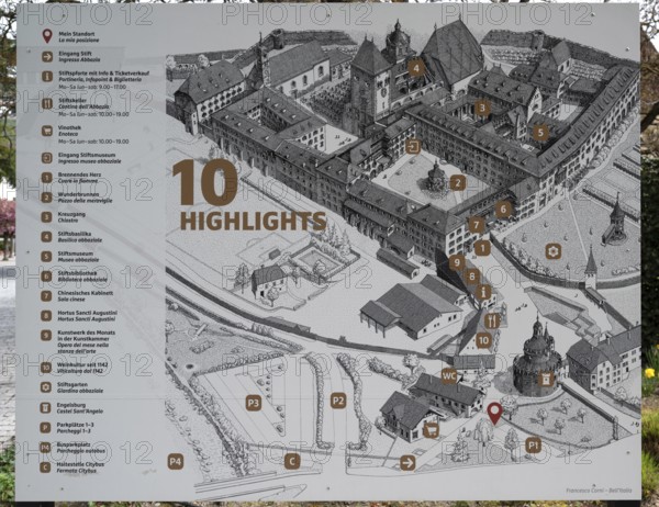 Information and overview board of the Neustift St Margarethen monastery, Vahrn, district of Bozen,