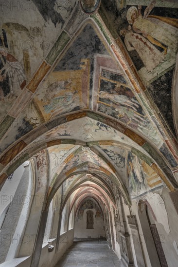 Cloister with frescoes from around 1370, collegiate basilica, Neustift St Margarethen, Vahrn,