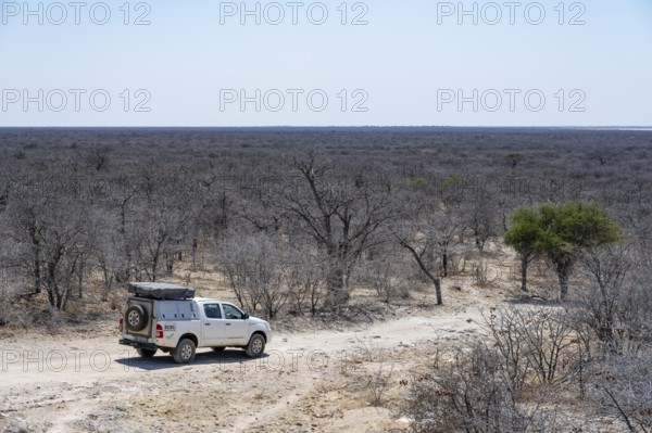 Off-road vehicle between dry bushes on a sandy track, Makgadikgadi salt pans, Botswana