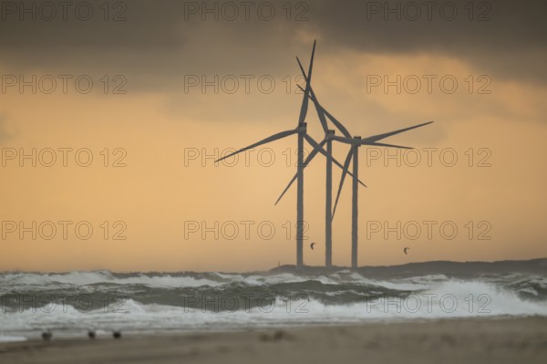 Waves, surf, beach, kite surfers, large wind turbines, wind turbines, evening mood, Hvide Sande,