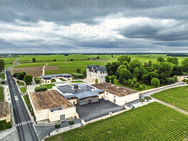 Chateau Pichon Longueville Baron Vineyard and grape fields around Pauillac from a drone, Bordeaux,