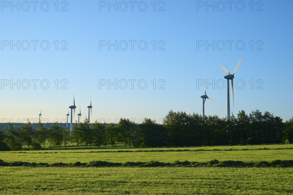 Wind turbines stand on a green meadow under a blue sky, surrounded by trees, summer, pipes,