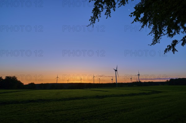 Silhouettes of wind turbines rise into the colourful morning sky as the sun rises behind the