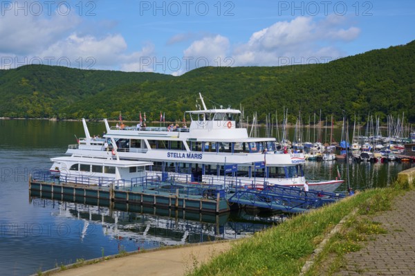 Passenger ship Stella Maris and boats in the harbour, summer, Rursee, Rurtalsperre, Heimbach,