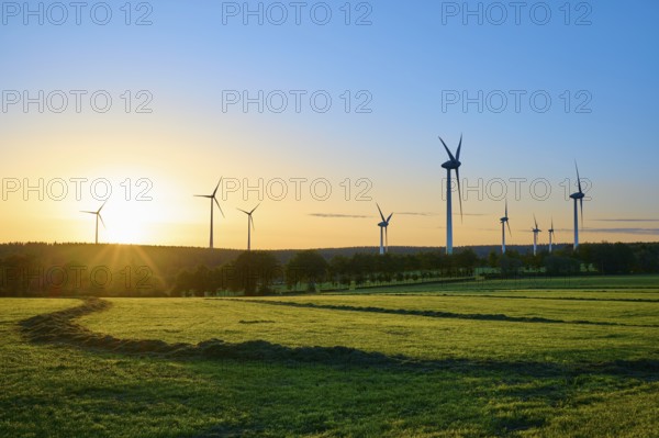 Wide landscape with wind turbines and trees while the sun colours the sky, summer, Rohren,