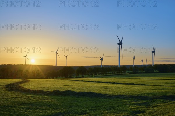 Series of wind turbines at sunrise, play of lights on a green meadow, summer, Rohren, Monschau,
