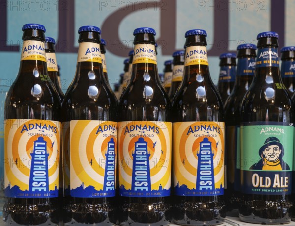 Adnams beer products on display inside brewery shop, Southwold, Suffolk, England, UK - Lighthouse