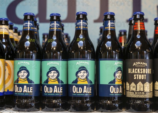 Adnams beer products on display inside brewery shop, Southwold, Suffolk, England, UK - Old Ale
