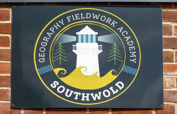 Geography Fieldwork Academy logo sign, Old Hospital community space building, Southwold, Suffolk,