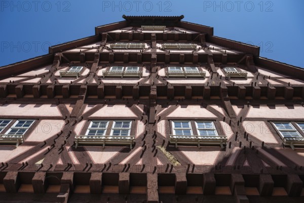 Detailed view of a historic half-timbered house, the back of the old town hall in the old town
