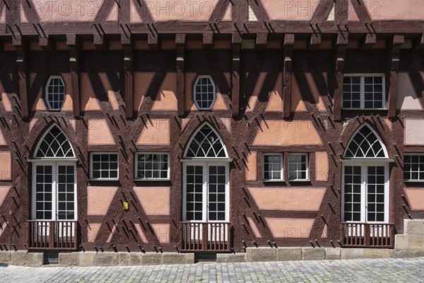 Detailed view of a historic half-timbered house, old town hall in the old town centre of Esslingen,