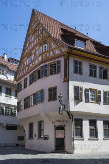 Detailed view of a historic half-timbered house and restaurant, Ratskeller in the old town of