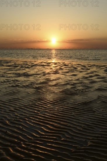 Sunset over the Wadden Sea on the German North Sea coast, low sun over Neuwerk, typical ripple