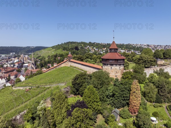 Aerial view of the city of Esslingen am Neckar with Esslingen Castle, Dicker Turm, Seilergang and