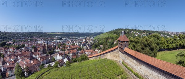 Aerial view, panorama of the old town of Esslingen am Neckar with Esslingen Castle, Dicker Turm,