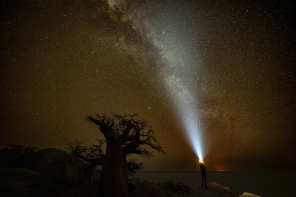 Young man shines torch into the sky, silhouette of a baobab tree with starry sky and Milky Way, red