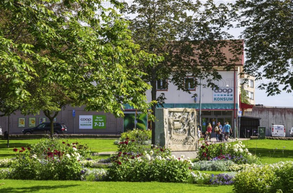 View of the local Coop Konsum from the picturesque town park of Lysekil (Lysekils stadsparken),